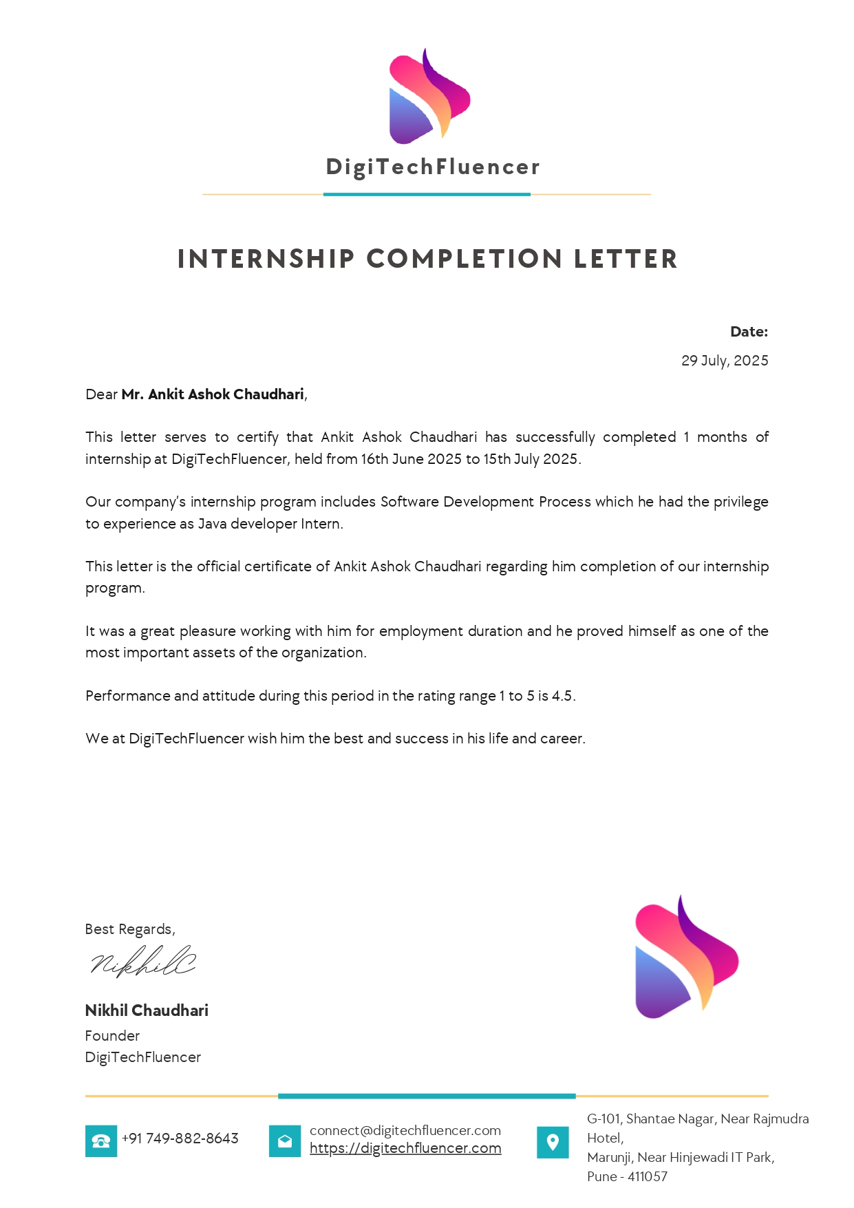 Java Developer Internship Certificate — DigiTechFluencer